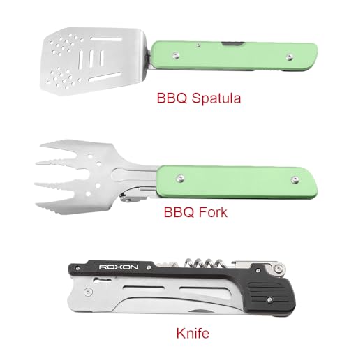 Image of ROXON S601 14 inch 6 in 1 MBT3 Folding Grill Utensils Set Fork Spatula Grilling Knife Tongs Opener for Backyard Barbecue and Camping(Green)