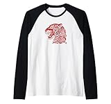 Cabeza de Tigre Floral peonía Corte Papel Arte asiático Camiseta Manga Raglan