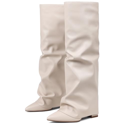 Image of SaraIris Women's Slouchy Knee High Boots - Black, Pointed Toe, Fold Over, Chunky, Shark Boots