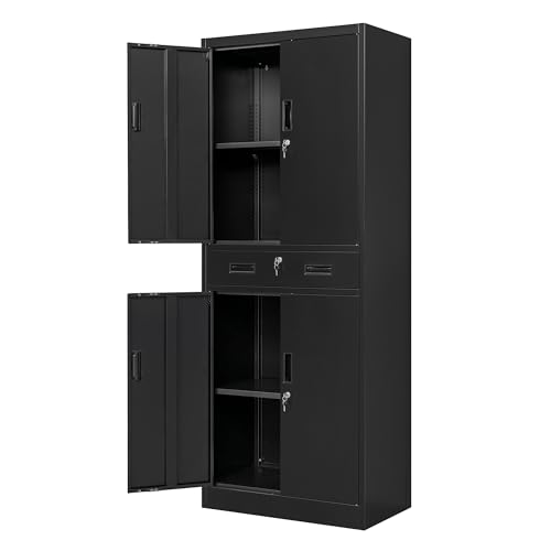 Metal Storage Cabinets with 1Drawer, 71" Storage Cabinet with 4 Locking Doors and 2 Adjustable Shelves, Steel Storage File Cabinet for Pantry Home, Kitchen, Office, Garage (Black)