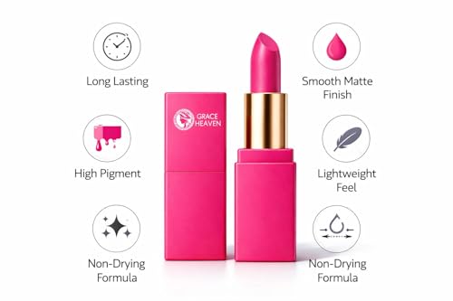 Image of Grace Heaven Matte Lipstick, Long Lasting, Smudge-Proof, Lightweight Formula, Bullet Lipstick (Bright Pink)