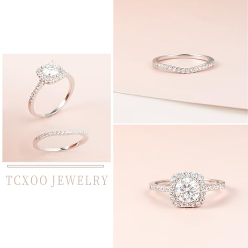 Solitaire Moissanite Engagement Ring Set for Women,1.0CT Round D Color VVS1 Clarity Halo 925 Sterling Silver Promise Ring Wedding Band Moissanite Ring Set3