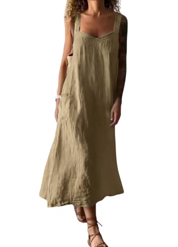 chouyatou Women's Summer Spaghetti Strap Sleeveless Linen Overall Dress Casual A-Line Midi Long Beach Dress (Medium, Khaki)