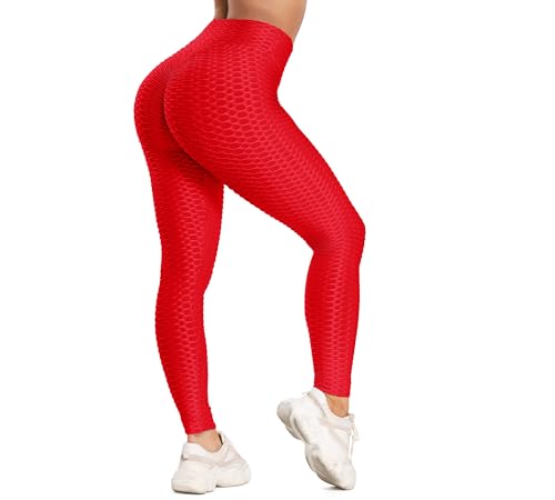 FITTOO Polainas sexy de cintura alta [push up] estiramiento, gimnasio, entrenamiento y pantalones de yoga Para mujer pequeño (Rojo)