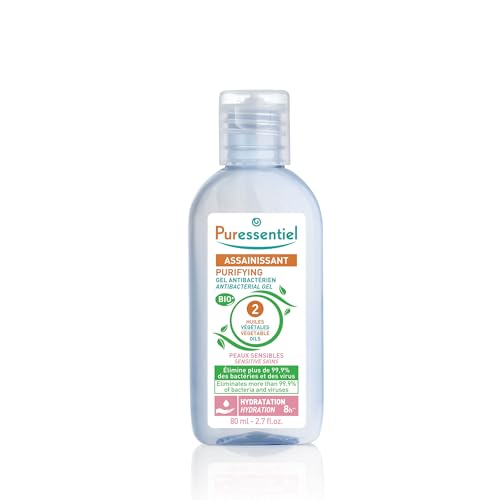 Puressentiel - Assainissant - Gel Antibactérien Peaux Sensibles à l'Amande Douce Bio - Hydratation 8H - Elimine 99,9% des bactéries et des virus - 80 ml