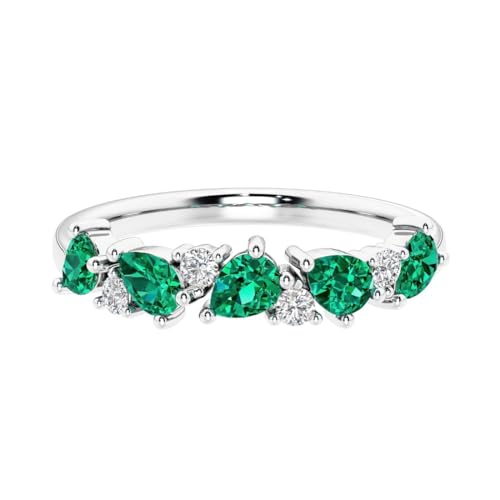 14k White or Yellow Gold Alternating Pear Lab Grown Emerald and Diamond Half Eternity Ring, May Birthstone, Stackable, Anniversary Wedding Band, Birthday Gift for Women w/ Jewelry Box, Sz 4-10