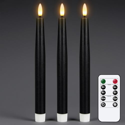Image of GenSwin Black Flameless Taper Candles with Remote, Halloween Flameless Candles Flickering Battery Operated, Real Wax LED Halloween Candlesticks with 3D Wick for Home Decor(Set of 3, 0.78 inch x 9.65 inch)