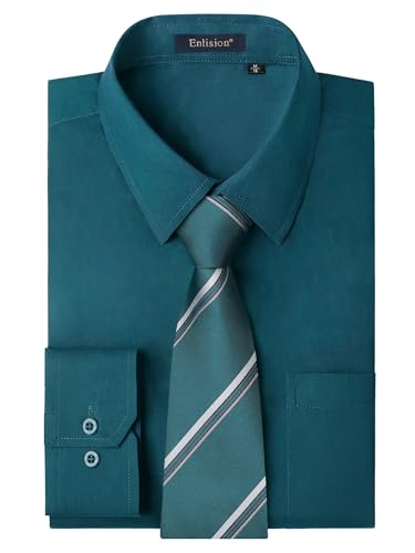 Enlision Mens Teal Dress Shirts Formal Long Sleeve Button Down Shirts for Men and Tie Combo for Men Collar Business Casual Clothes for Wedding Party