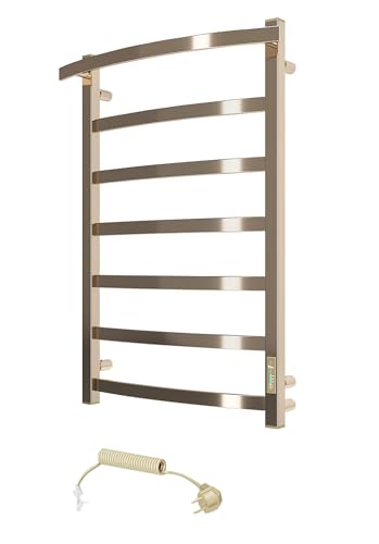 Elna Design - Radiador de toalla de color dorado, 107 W, 805 x 590 mm, eléctrico para arquitectos e interiores, radiador compacto de acero inoxidable, con temporizador, termostato y Eco IP44, montaje