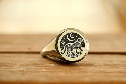 Bague jaguar ronde chevalière vintage argent 925 plaqué or fait main - 2