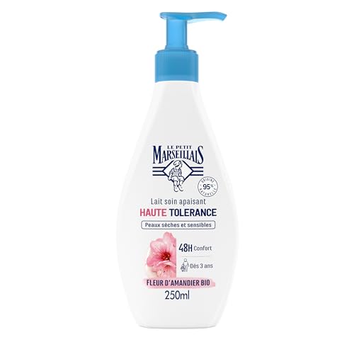 Le Petit Marseillais | Latte per la cura lenitiva ad alta tolleranza Fiore di mandorlo biologico (flacone pompa da 250 ml) - Latte corpo per pelli secche e sensibili - 95% di origine naturale e 48 ore