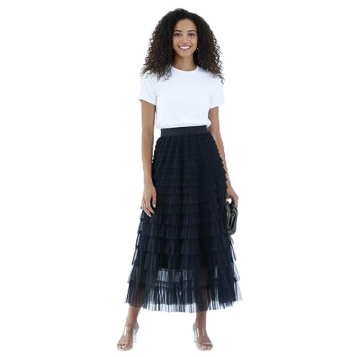 Women's Layered Long Maxi Tulle Skirts, High Waisted A Line Ruffle Tiered Layered Mesh Tutu Petticoat Tulle Skirt