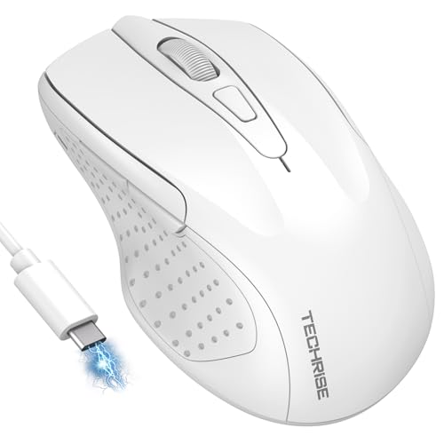 TechRise Bluetooth Maus, 2.4G Maus Kabellos (BT 5.0/3.0 + 2.4G) 4800 DPI Wiederaufladbare Ergonomische Mouse mit USB-A Empfänger, 6 Stufen DPI Stille Funkmaus für Laptops, Computer, PC, Windows, Weiß