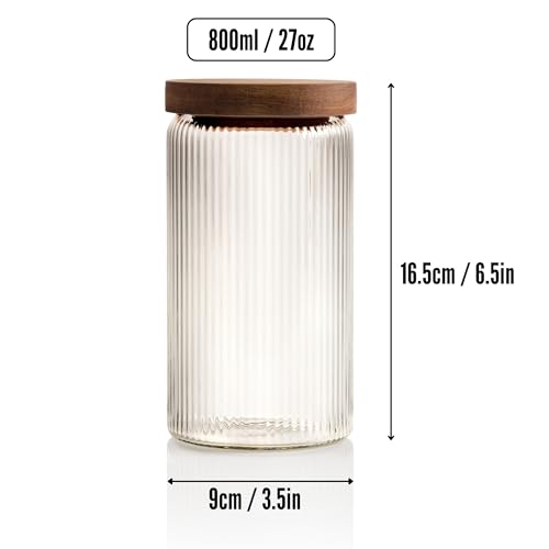Mason & Fable Ribbed Glass Jars with Wooden Lid 27 fl oz- Set of 3 | Airtight Fluted Storage Container for Pasta, Coffee, Candy, Dog Treats, Snacks | Glass Organization Canisters for Home & Kitchen