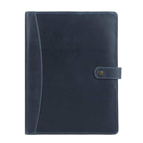 Image of KomalC Leather Portfolio Folder with Button Closure | Business Padfolio for Professionals | Vintage Organizer with Legal Pad Holder, Card Slots & Document Pockets (Blue)