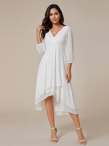 Image of Ever-Pretty Women's Chiffon V Neck Long Sleeves A-Line Midi Length Wedding Guest Dress Cocktail Party Formal Dresses 01926