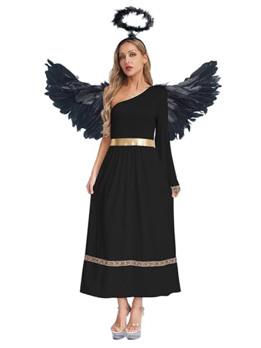 Miutii Vestido de ángel para mujer, disfraz de ángel de Navidad, vestido con alas de ángel, aureola, vestido maxi para Halloween, carnaval, fiesta, Negro , XXL