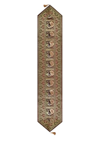 Image of Banarasi Brocade Zari Silk Table Runner Dinning & Centre Table Runner 177 By 30 CM (Brown, Peacock)