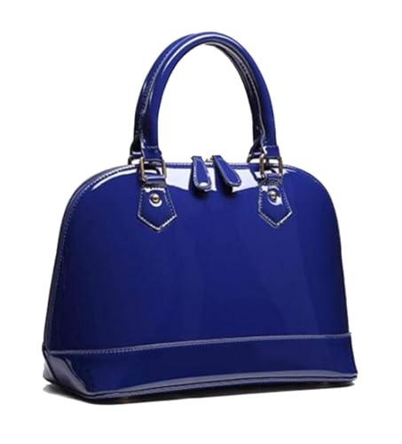 Bolsa de couro envernizado, bolsa com zíper, bolsa de ombro com vários bolsos, bolsa de ombro grande brilhante com alça superior, Azul, 13.4 x 6.5 x 9.5 inches