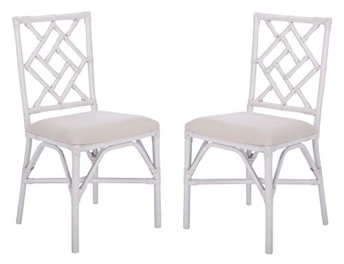 Safavieh Home Bhumi Coastal White Rattan Accent Chair with Cushion (Set of 2)