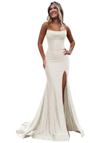 EAURIC Ivory Strapless Glitter Prom Dress Long Sparkly Long Mermaid Train Evening Party Cocktail Gowns with Slit for Women Size 12