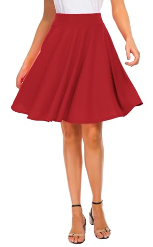Image of EXCHIC Women's Casual Stretchy Flared Mini Skater Skirt Basic A-Line Pleated Midi Skirt