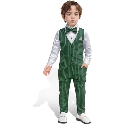 Dinysuos Boys Suit Set Toddler boy Formal Outfits Slim Tuxedo Dresswear for Kids Vest + Pants + Shirt + Bowtie 4-Piece Dark Green Cover