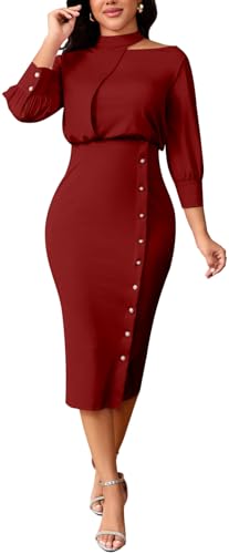 Image of shengfan Women's Casual Long Sleeve Work Bodycon Midi Dresses Round Neck Formal Wedding Cocktail Party Wrap Pencil Dress