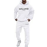 Survêtement en coton pour homme - Survêtement d'intérieur - Tenue décontractée - Sweat à capuche à manches longues avec poche et pantalon avec cordon de serrage - Imprimé lettres tendance, Blanc., XL