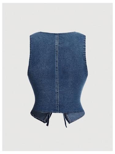 OYOANGLE Women's Tie Front Denim Vests Deep V Neck Sleeveless Asymmetrical Hem Slim Fit Crop Tank Tops2
