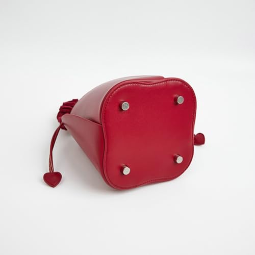 Molodo PU Leather Petal Bucket Bag Drawstring Closure Velvet Ruched Handle Heart Accent Handheld Crossbody3