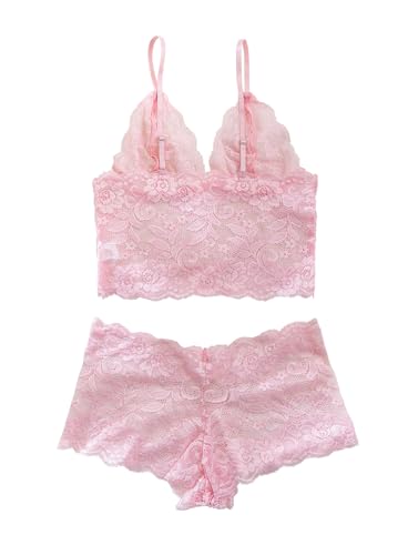 Image of Lilosy Sexy Sheer Floral Lace Pajamas Lingerie Set High Waist Sleepwear Bra and Panty 2 Piece Nightwear
