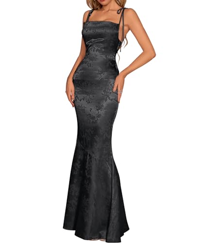 Image of GLNEGE Wedding Guest Maxi Prom Dress Lace Up Satin Formal Dresses for Women | Spaghetti Strap Cocktail Elegant Bridal Shower Wgute Dress Bodycon Mermaid Long Evening Black Tie Dresses for Women