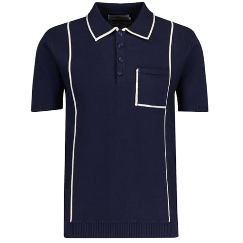 Image of Madcap England Men's Retro 60s 70s Mod Knitted Textured Piped Short Sleeve Polo Shirt Cagney MC1089 (UK, Alpha, L, Regular, Regular, Navy Blazer)