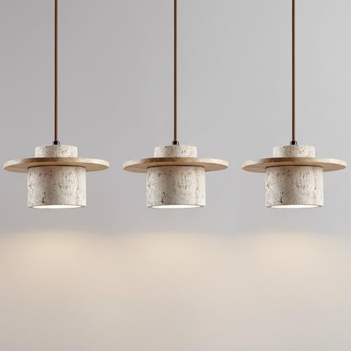 Lámpara colgante de travertino amarillo y madera en set de 3 focos cilíndricos para techo