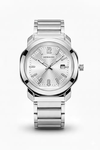 Image of AMERICANVIBER Men's Stainless Steel Watch, White Textured Dial, Analog Quartz Movement, Date Display, Water-Resistant, Silver Tone Bracelet for Men