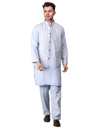 Image of Men's Cotton Silk Blend Regular Kurta Pyjama, Embroidered Nehru Jacket /Waistcoat Set