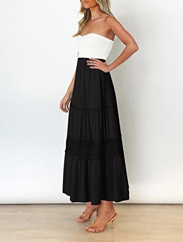 MEROKEETY Women's Boho Elastic High Waist Pleated A-line Ruffle Lace Trim Tiered Midi Maxi Skirt with Pockets3