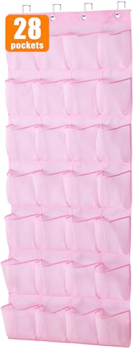 Image of MISSLO Kids Over the Door Shoe Organizer Pink Hanging Shoe Rack Baby Toddler Hanging Shoe Organizer Cute Shoe Holder Girl Room Decor 28 Pockets