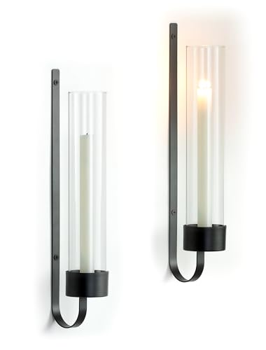 Sziqiqi Black Wall Candle Holders: Metal Candle Sconces for Taper Set of 2 Modern Wall Mounted Candlestick Holder with Hurricane Glass for Living Dining Room Bedroom Bathroom Outdoor