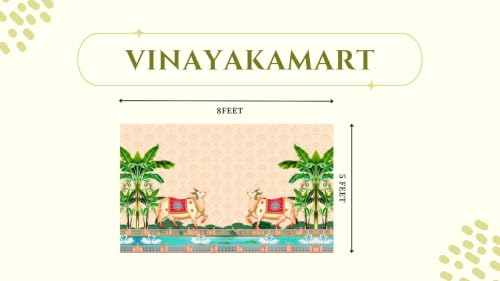 Image of Pooja backdrops for Decoration | Pastel Peach Kamadhenu pichwai Backdrop Cloth Decoration 5x8 Feet | Lakshmi puja Backdrop