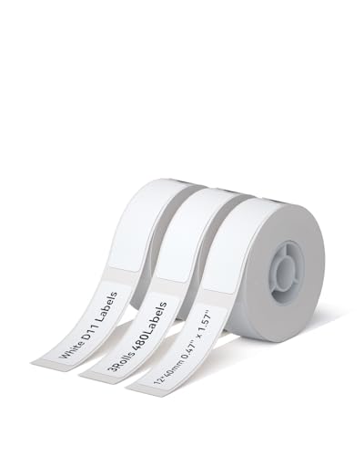 Image of NIIMBOT D11 Label Maker Tape D110 Labels 3Rolls, Self-Adhesive Labeling Tape Replacement 0.47" X 1.57" (12 X 40mm) Thermal Label Refills for Home Office, 480 Labels/3Rolls, White