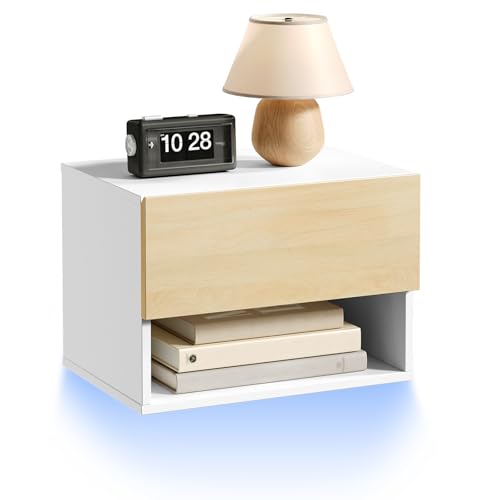HOOBRO Mesita de Noche Flotante con Tira LED RGB, Mesa Auxiliar de Pared con 1 Cajón y 1 Compartimento, Mesa de Sofá, para Dormitorio, Sala de Estar, Blanco y Natural EWN202DBZ01