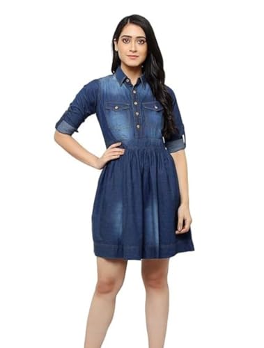 Image of Women's Casual Denim Dress with Regular Fit Solid Pattern Knee-Length 3 /4th Sleeves Flare A-line Design|Denim midi Dress for Women