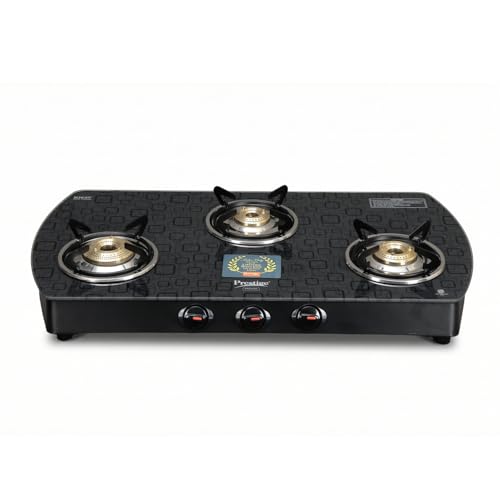 Prestige Premia Schott Glass-Top GTS 03L (D) (Black) 3 Brass Burner Gas Stove | Black | Ergonomic Knob | SABAF...