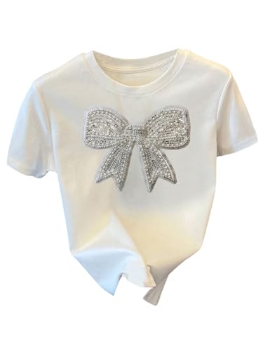 T-shirt mignon à manches courtes orné d'un nœud papillon à paillettes chic