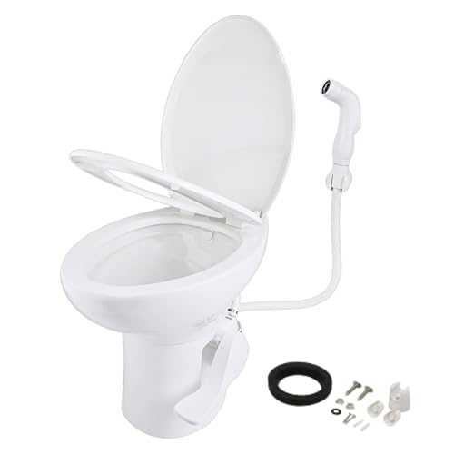 Image of SEAFLO Porcelain RV Toilet with Sprayer Attachment - Elongated Bowl 19 inch Inch Residential Height, Gravity Flush, Foot Pedal Soft Close Seat Camper Motorhome Easy Install 4 -year Warranty SFRTCH-02-02