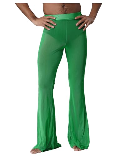 TiaoBug Mens Sheer Mesh Flared Pants High Waist Elastic Waistband Bell Bottom See Through Trousers