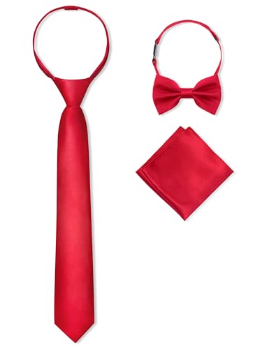 MagicSite Boys Red Tie Pre-tied Zipper Tie Elastic Kids Bowtie and Pocket Square 3-piece For Age 8-12 Years With Gift Box