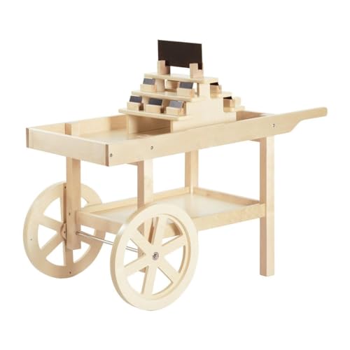 Kaplan Early Learning Wooden Market Cart - Dramatic Play for Toddlers - Authentically-Inspired Design with Real Rotating Wheels, Tiered Display, & Multiple Shelves for Pretend Play Food & Accessories